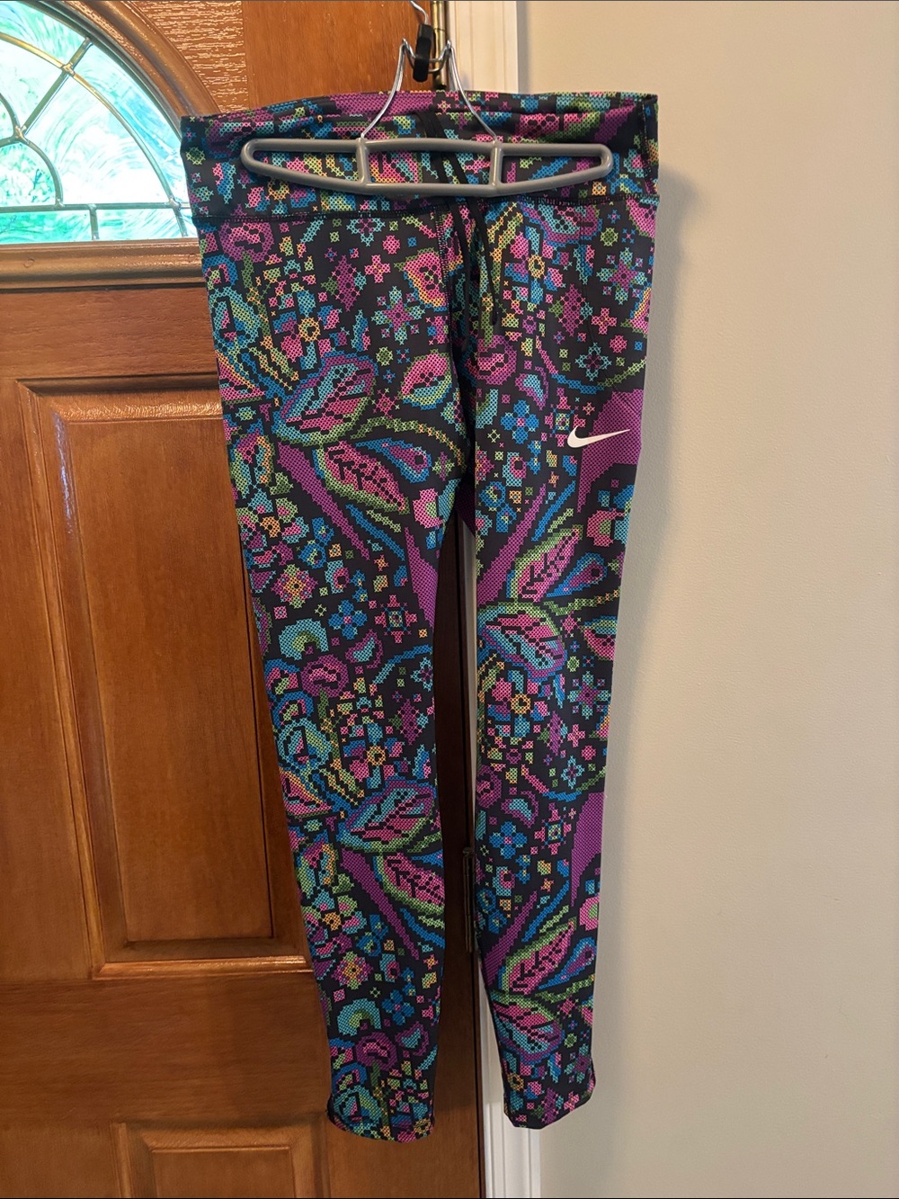 Nike WOMENS' Black Leggings with Purple, Teal & Pink Pixel Floral Print